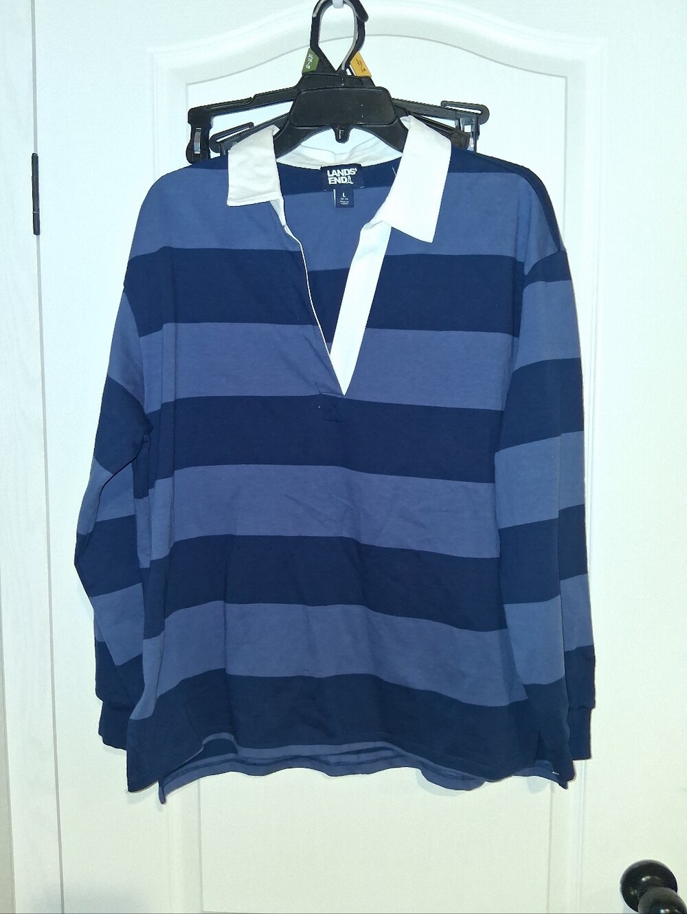 Lands' End Women's Navy and Light Blue Striped V-Neck Rugby Sweater